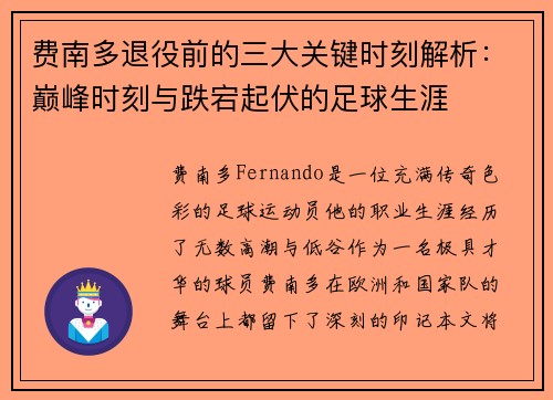 费南多退役前的三大关键时刻解析：巅峰时刻与跌宕起伏的足球生涯