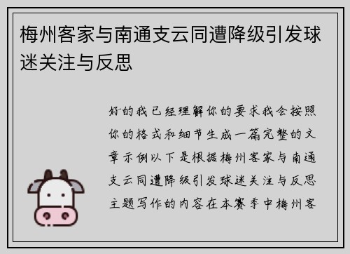 梅州客家与南通支云同遭降级引发球迷关注与反思 梅州客家与南通支云同遭降级引发球迷关注与反思