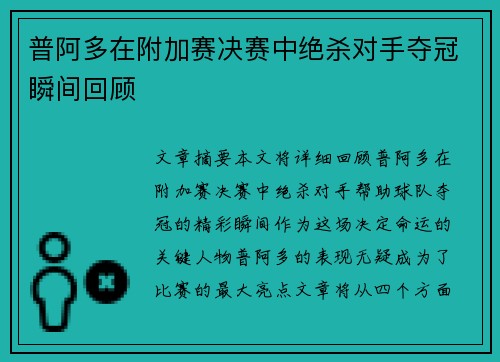 普阿多在附加赛决赛中绝杀对手夺冠瞬间回顾