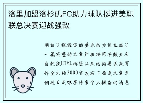 洛里加盟洛杉矶FC助力球队挺进美职联总决赛迎战强敌